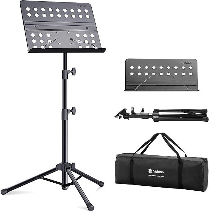 Vekkia 70  inch Metal Professional Portable Sheet Music Stand — Folding Adjustable Holder, with Carrying Bag, Sturdy for Instrumental & Band Performances, Travel