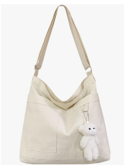 Economical Cotton Canvas Tote Bag,Women Hobo Shoulder Bag Crossbody Handbag with 3 External Pocket,Zipper Closure