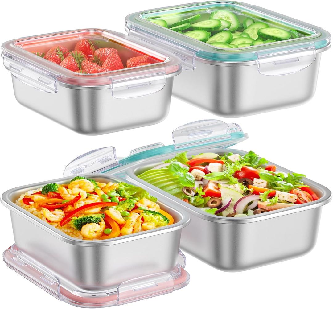 Fyrnova 8 PCS Food Storage Containers with Lids Airtight, Stainless Steel Containers Set for Kitchen Storage, Meal Prep, Lunch Containers, Microwave/Dishwasher Safe (41oz & 24oz)