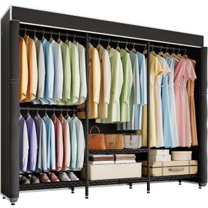 Higeego H8 Garment Rack with Cover, Portable Closet for Hanging Clothes, Heavy Duty Clothes Rack Wardrobe Closet Organizer and Storage, Black Clothing Rack Shelf with Black Fabric Cover