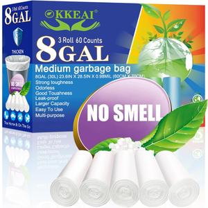 OKKEAI 8 Gallon Trash Bags 30L Garbage Bags Medium White Kitchen Trash Bags Wastebasket Liners for Bathroom,Home Office, Lawn,60 Count,Clear (Fits 7-10 Gallon Bins)