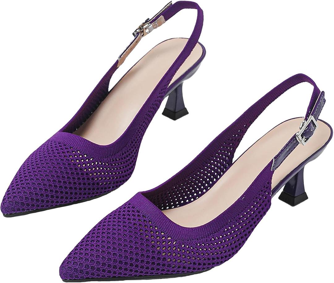 Slingback for Women's Closed Pointed Toe Kitten Heels with Ankle Strap Knitted Dress Pumps Shoes Work Wedding Everyday Parties 1.6 in Low Heels (Purple)