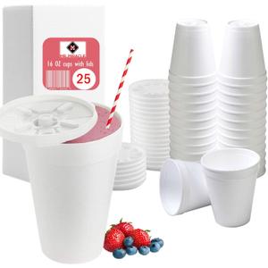 16 OZ Foam Cups With Lids for Hot & Cold Drinks, USA-Made 25-Pack.Ideal Styrofoam Coffee Cups, Insulating To-Go Cups for Soda, Tea, Juice - Sturdy, Disposable & comparable to Industry standard 16J16