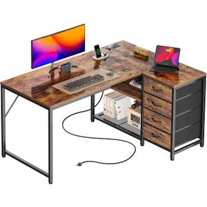 PRAISUN 43.3" Small Computer Desk with Power Outlets and USB-C Port, Reversible L Shaped Corner Office Desk with 4 Fabric Drawers and 2 Height-Adjustable Shelves, for Gaming Writing, Rustic Brown