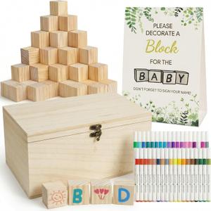 98PCS Baby Shower Games Sign Kit, Baby Shower blocks to decorate - 60 blank wooden blocks(1.5 inches each),36 markers ,a baby shower sign and wooden Storage Box,fun party favors