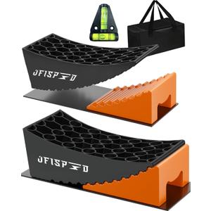 RV Leveling Blocks Ramp Kit, 2 Packs Camper Leveler System for Travel with Two Chocks, 2 Anti-Slip Mats, 1T Bubble Level and Carry Bag, Up to 35000 LBS, Easier & Faster to Level Camper-Orange