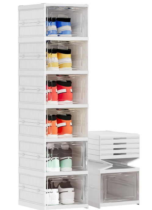 Harmon Wandyer Shoe Storage Organizer Box 6Tier Foldable Collapsible Stackable Shoe Rack Bins, Fit Size 12, No Assembly, for Men and Women