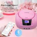 LONPOO CD Player Portable Boombox with FM Radio/USB/Bluetooth/AUX Input and Earphone Jack Output, Stereo Sound Speaker & Audio Player,Pink