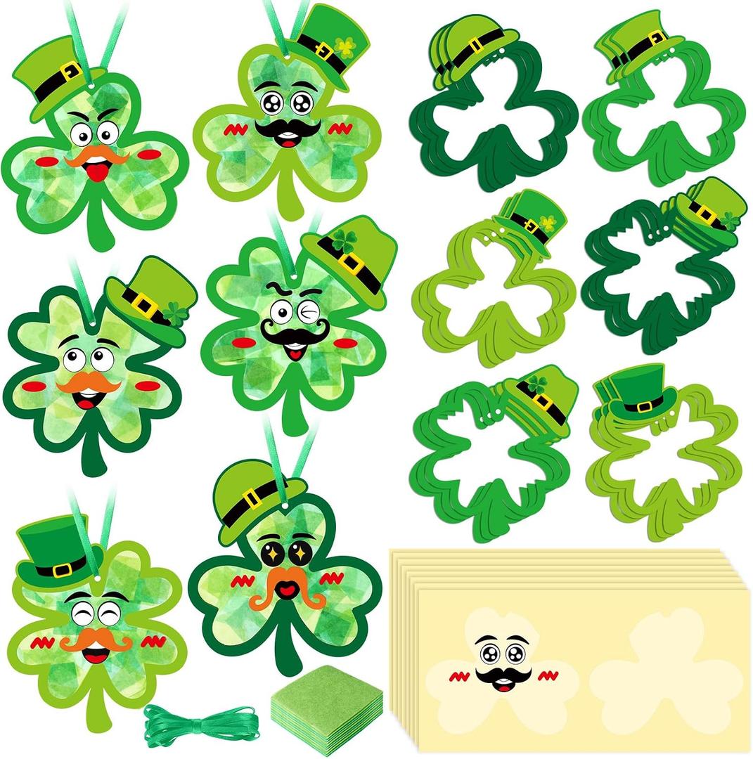 Tinlade 24 Pcs St Patricks Day Crafts Kit Lucky Shamrock Suncatcher Craft Irish Day Window DIY Tissue Paper Suncatcher Decoration Ornament for Classroom St Patricks Party Favor Supplies, 6.9 x 5.9 inches