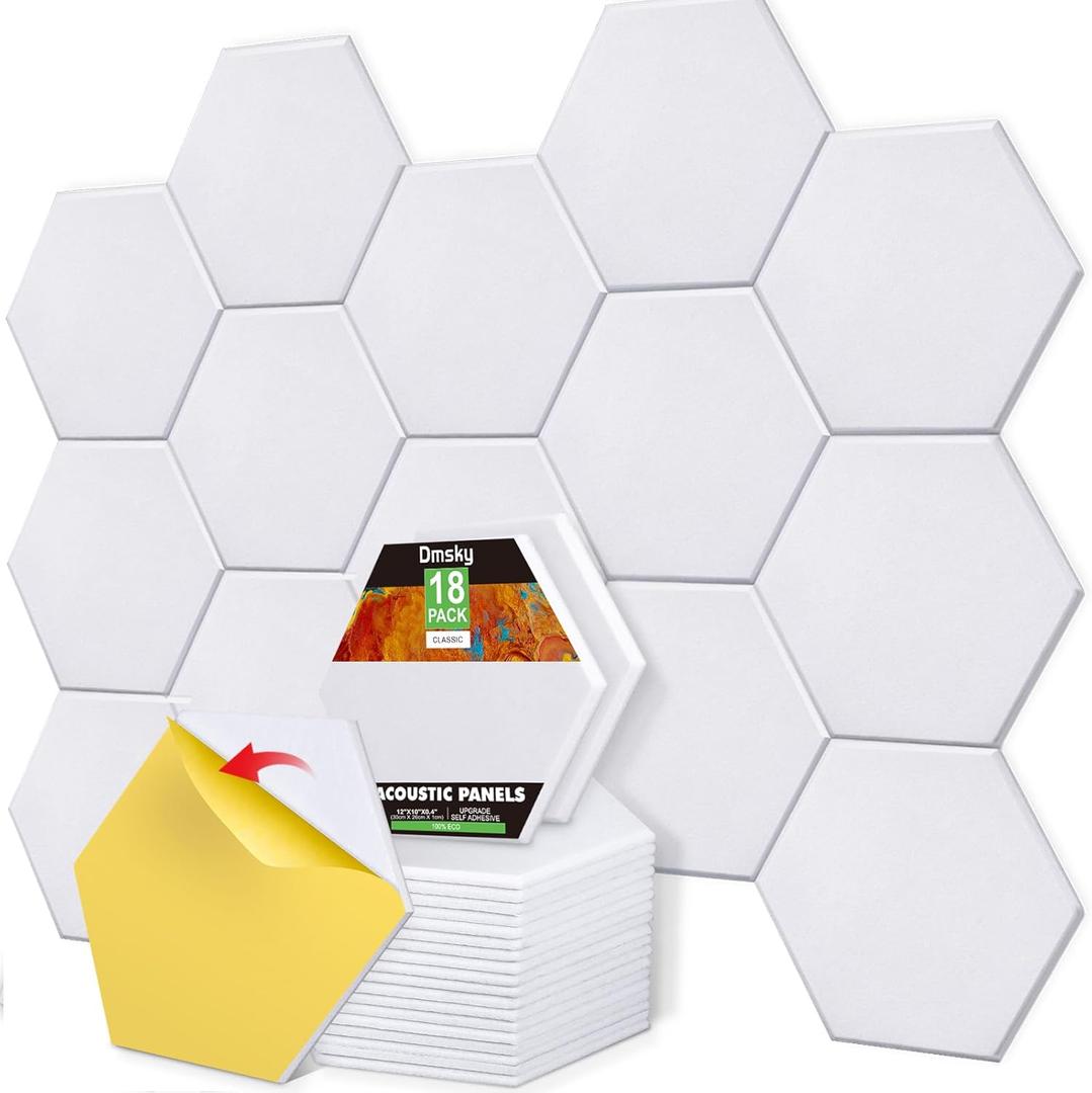 18 Pack Self-Adhesive Acoustic Panels Soundproof Wall Panels 12"X10"X 0.4" Sound Absorbing Panel for Decoration Sound Deadening Panels Acoustic Treatment Panel for Home OfficeWhite Hexagonal Design