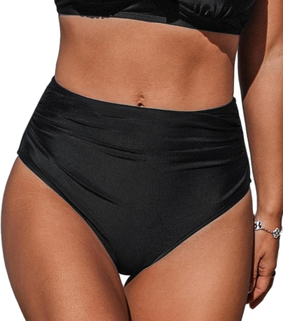 CUPSHE Womens Swimsuit Bikini Bottom High Waisted Bathing Suit Ruched Full Coverage (X-Large, Black)