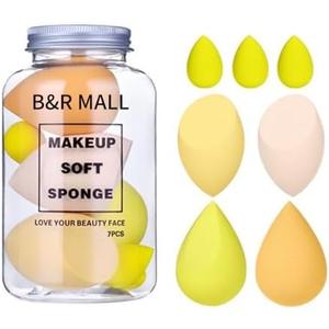 B&R MALL 7pcs Beauty Blender Set – 4 Large & 3 Mini Makeup Sponges in Bottle for Flawless Foundation (Yellow), Set of 3