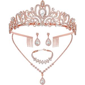 CIEHER 4/5 Pieces Women Jewelry Set - Rhinestone Crown + Drop Necklace + Elegant Bangle Bracelet + Crystal Teardrop Dangle Earrings for Bridal Wedding Party