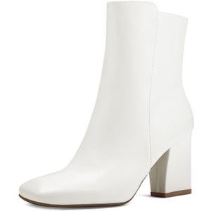 mysoft Women's Ankle Boots Square Toe Side Zipper GoGo Boots Chunky Block Heel Mid Calf Low Heeled Short Booties (6.5, White Pu)