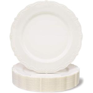 Juvale Disposable Plastic Dinner Plates - Cream Disposable Dinnerware for Weddings & Bridal Showers - Vintage Plastic Dinner Plates for Weddings & Parties - 10 in, Pack of 25, Cream