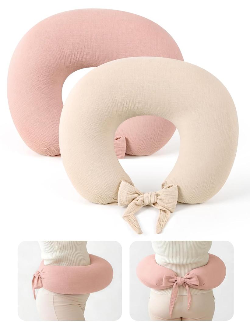 lulumoon Muslin Nursing Pillow Covers - 2-Pack Cotton Slipcovers for Breastfeeding Pillow - Extended Adjustable Strap for Secure Fit & Stable Support - Hidden Zipper Safety for Bottle-Feeding (SkinpinkCream)