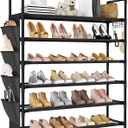 6 Tier Shoe Rack, Shoe Organizer Storage for 24-30 Pairs Shoe and Boot, Long Shoe Shelf with Hook and Side Pocket Free Standing Tall Shoe Rack Organizer for Closet, Entryway, Dorm (Black)