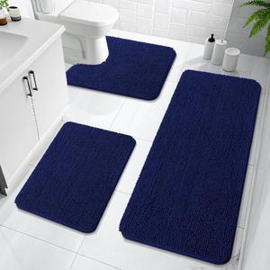 OLANLY Bathroom Rugs Sets 3 Piece, Soft Absorbent Chenille Bath Mats and U-Shaped Contour Toilet Rug, Non-Slip, Home Decor Accessories, Bath Mat Set for Bathroom (47"x20"+24"x16"+24"x20", Navy)