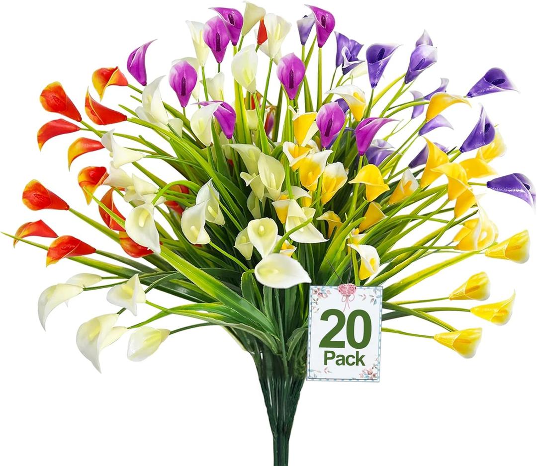 TURNMEON 20 Bundles Calla Lily (500 Heads) Artificial Flowers for Outdoors, Fake Plants UV Resistant Faux Plastic Fake Flowers for Indoor Planter Home Porch Spring Summer Cemetery Decor(Color Mix)