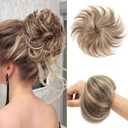 Human Hair Bun Medium Brown Highlighted Bleach Blonde Natural Curly Tousled Elegant Chignon with Elastic Rubber Band(1 Count #P4-613 Medium Brown Highlighted Bleach Blonde