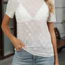 Women's Mesh Lace Top Sheer Short Sleeve T Shirt Mock Neck Summer Blouses (White, M)
