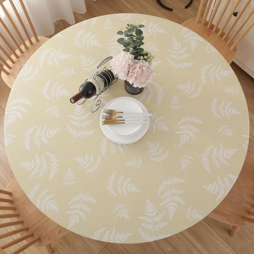 Round Vinyl Fitted Tablecloth, Waterproof Elastic Table Covers Wipeable Flannel Backed Tablecloths for Picnic Camping Indoor and Outdoor (Leaf,Beige, Fits 57" to 65" Diameter Tables)