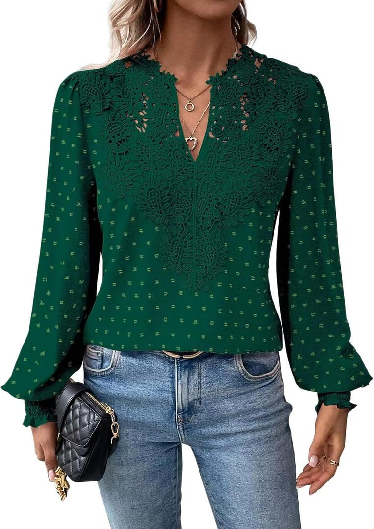 Falechay Womens Tops Swiss Dot Boho Long Sleeve Shirts V Neck Casual Chiffon Blouses Flowy Lace Hem Cute Clothing Trendy 2026 (XX-Large, Dark Green)