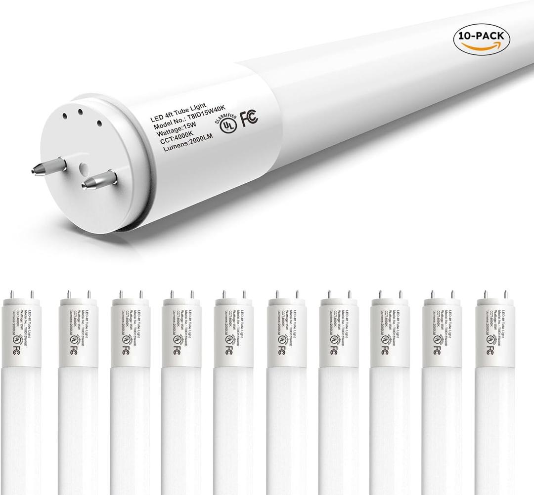 10-Pack T8 LED Bulbs 4 Foot, LED Fluorescent Tube Replacement, 4ft LED Tube Light 4000K Daylight, Ballast Bypass, High Lumen, Energy Efficient, Single Ended Power, Frosted Lens, UL