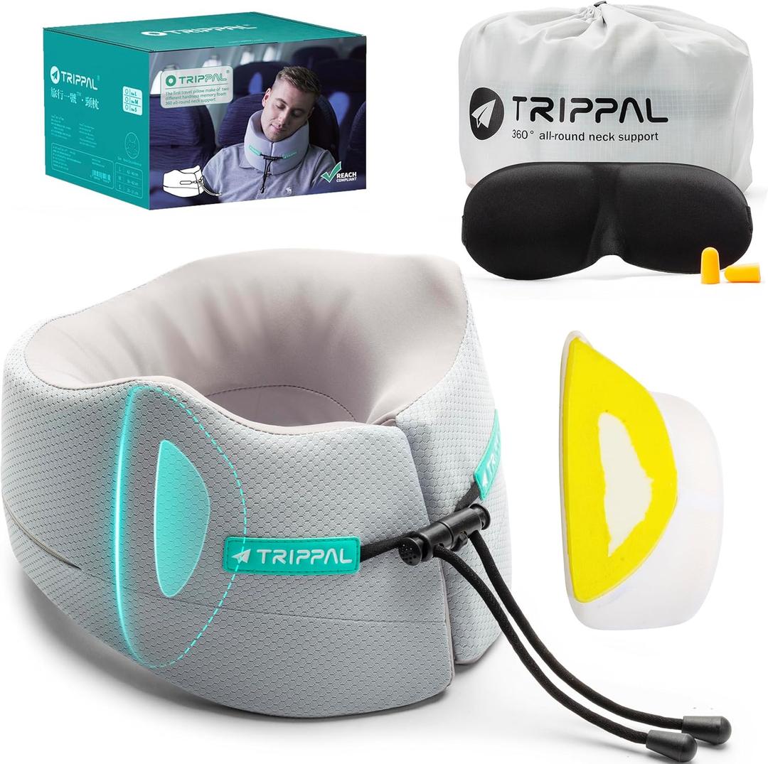 TripPal Airplane Sleeping Travel Pillow: 360° Chin & Neck Support with Flat Back for Side Sleepers on Longhaul Flights DualDensity Memory Foam (8lb NonCollapsing) to Prevent Head Bobbing, Gray