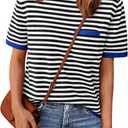 LILLUSORY Womens Striped Short Sleeve Sweater Pullover Shirts with Chest Pocket (Medium, Blue Black)