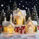 Timer: White Ceramic Christmas Village Houses, 3Pcs Light Up Christmas Village Sets with 4Pcs Trees, LED Lighted Tabletop House Figurines for Home Decor, Winter Holiday, Xmas Gift