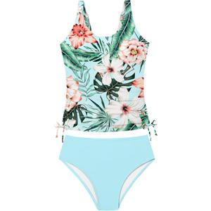 Qaoerde Girls Swimsuit Tropical Print Bikini Set with Ruffle Hem Two Piece Criss Cross Bathing Suits for Girls 7-14 Years (9-10 Years, Blue Plant)