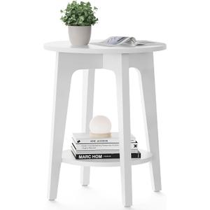 VASAGLE MAEZO Collection - Side Table, 2-Tier Small Round End Table, Nightstand with Tapered Legs, Curved Transitions, for Small Spaces, Living Room, Bedroom, Cloud White ULET283T14 | Lower Shelf, Small Spaces, Living Room, Bedroom