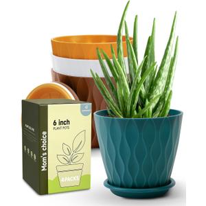 6 Inch Indoor Planter Pots with Drainage Hole and Tray Saucer,Flower Pots for Indoor Outdoor Garden Plants and Flowers, Multicolor, 4 Packs