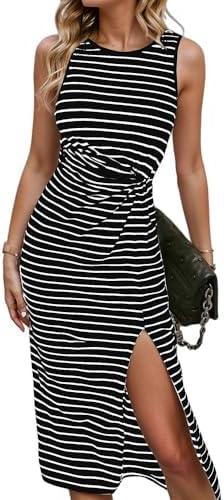Finjani Women's Striped Twist Front Split Thight Tank Dress Crewneck Sleeveless Midi Dress Knit Casual Summer Bodycon Dress Medium