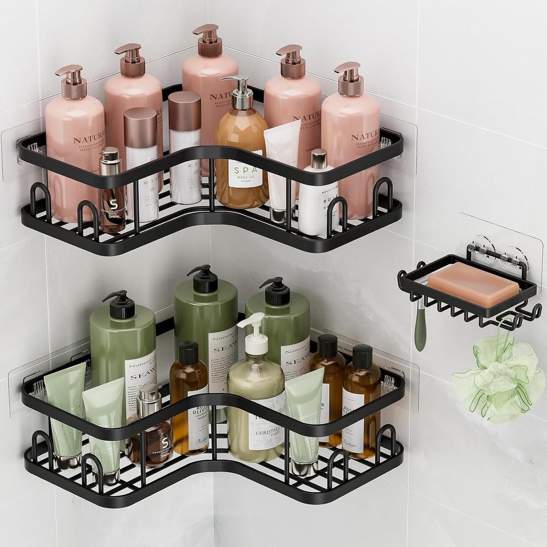 Veken Corner Adhesive Shower Caddy 3-Pack with Soap Holder&Hooks,No Drilling Shower Shelves,Rustproof & Waterproof Bathroom Organizers and Storage,Rack for Small Spaces, Kitchen&Rental-Friendly,Black (3-Piece Set(2 Large+1 Small))