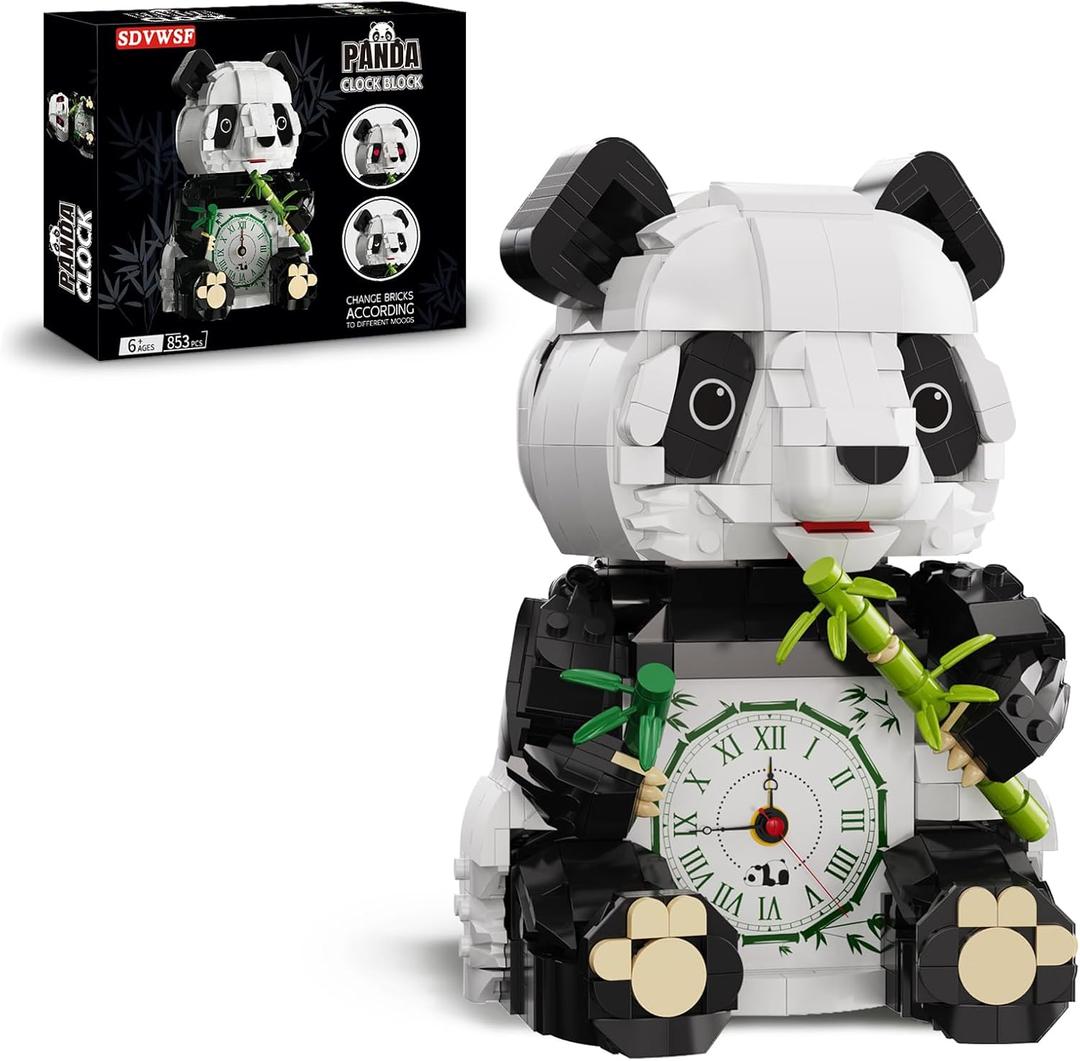 3 in 1 Panda Building Block Set for Kids Age 6+ Cute Animal Brick Alarm Clock Toy with Replace The Eyes Movable Arms and Head Compatible with Lego Creative Home Decor Gift for Adults(853PCS)