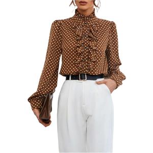 Floerns Women's Ladies Polka Dots Long Sleeve Ruffle Button Down Business Dressy Casual Office Shirts Blouses Tops (Coffee Brown)