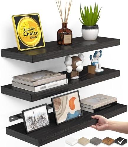 BAYKA Floating Shelves for Wall, Wall Mounted Rustic Wood Shelves for Bathroom, Bedroom, Living Room, Kitchen, Hanging Shelf for Books/Storage/Room Decor with 22lbs Capacity (Black, Set of 2, 15.7in)