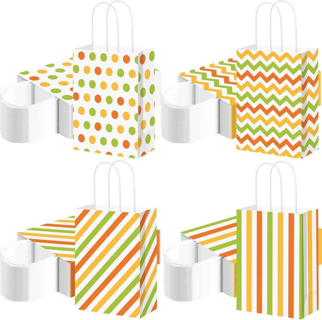 TaoBary 100 Pcs Paper Fall Gift Bags Bulk with Handle Colorful Stripe Wave Polka Dot Treat Goodie Candy Bags for Fall Autumn Thanksgiving Party Favor Supplies