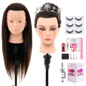 28Inch 80% Real Hair Mannequin Head - Cosmetology Mannequin Head with Hair for Makeup Braiding Makeup Curling Cuting, Make up Doll Head for Styling with Table Clamp hair Styling Set (Dark Brown)
