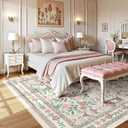 Deerly Floral Washable Rugs 8x10 Large Vintage Living Room Carpet Boho Non-Slip Soft Low Pile Thin Bedroom Floor Mat Indoor for Dining Room Playroom Nursery Farmhouse, Beige/Light Pink/Multi