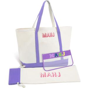 3 Pcs Empty Mahjong Canvas Bag Gift Embroidered American Mahjong Set Incl Tiles Bag and Racks & Pushers Drawstring Bags(Purple,Regular)