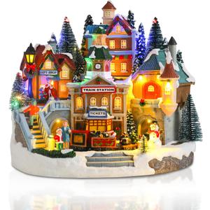 Taman Christmas Village Houses Collectible Buildings - Moving Train Around The Christmas Tree,Warm Light Musical Xmas Ornaments for Holiday Decorations