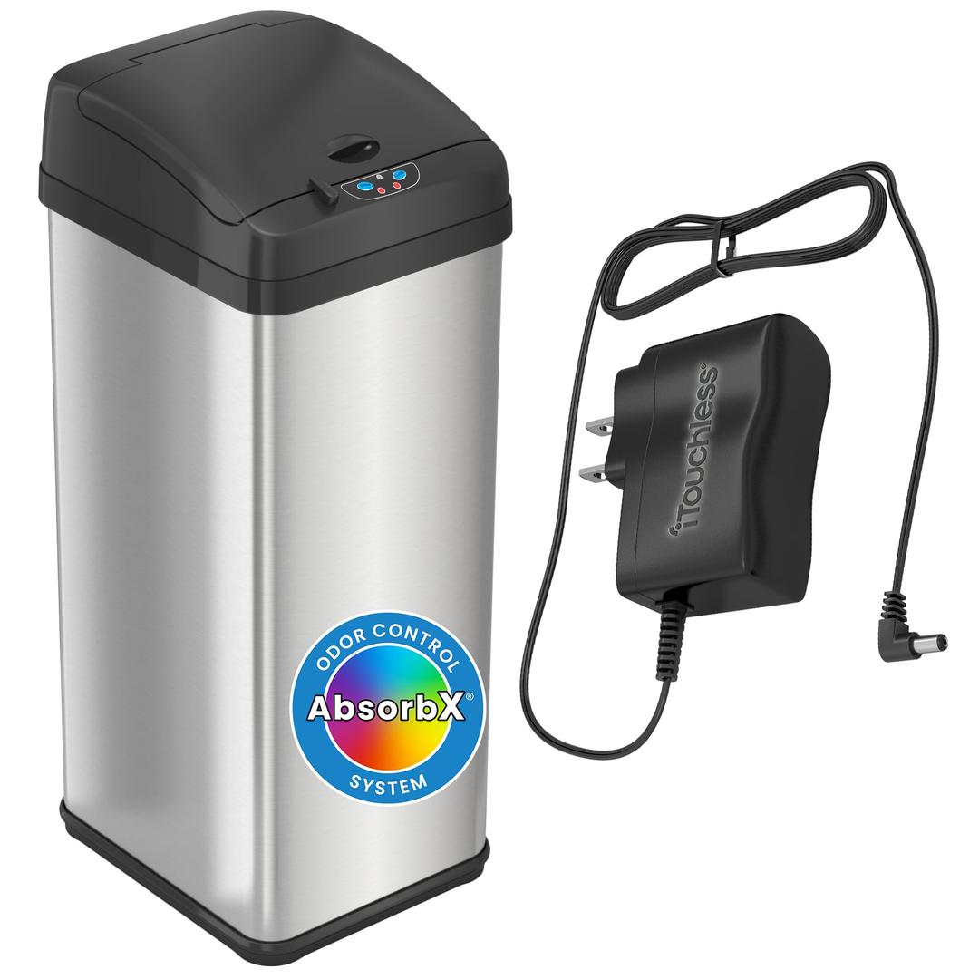 iTouchless 13 Gallon Automatic Sensor Touchless Trash Can with AC Adapter and Odor Control System Stainless Steel, Extra-Wide Lid Opening Kitchen Garbage Bin