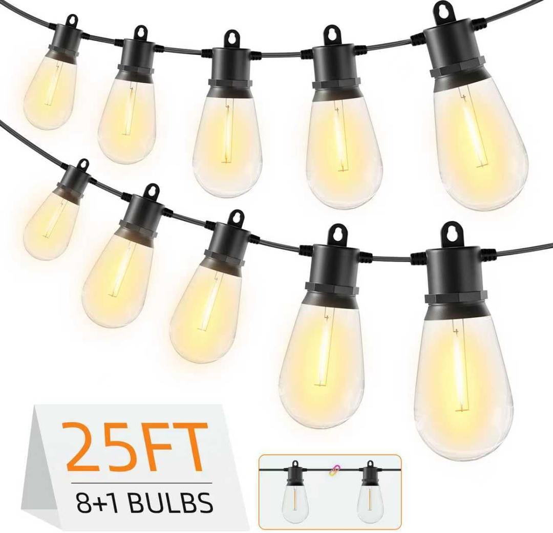 25FT Outdoor String Lights IP65 Waterproof Patio Lights with 8 + 1 Shatterproof LED Bulbs Commercial Grade LED String Lights Connectable Hanging Decorative Lights for Outdoor Balcony Yard