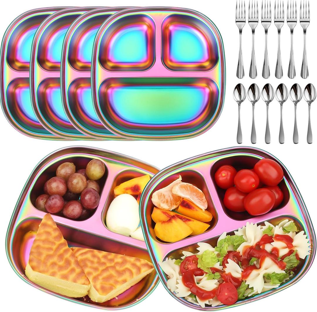 VZZNN 6 Pack Stainless Steel Kids Plates,Toddler Plate with Lid and Cutlery,Suitable for Family Gatherings, Kindergartens, Outdoor Activities and Travel(Colorful)