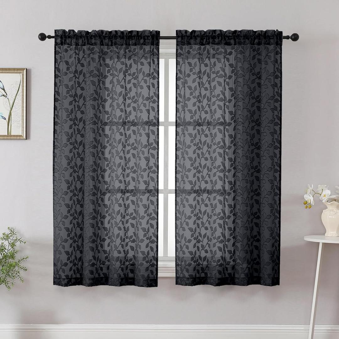 Chyhomenyc Black Short Curtains 45 Inch Length 2 Panels, Light Filtering Leaf Textured Window Curtain Panels for Bedroom Living Room, Elegant Rod Pocket Farmhouse Curtains, 28" Wx45 L, 2 PCS