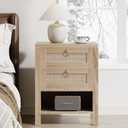 Rattan Night Stand with Drawers - Boho Nightstand with Charging Station, Bedside Table with Storage Shelf, Accent Side Table End Tables Living Room, Wood Nightstands for Bedroom, Light Wood