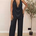Vssjavun Women's Summer 2 Piece Outfits Cowl Neck Sleeveless Halter Tops and Wide Leg Pants Vacation Beach Matching Sets 2026 (Black, L)